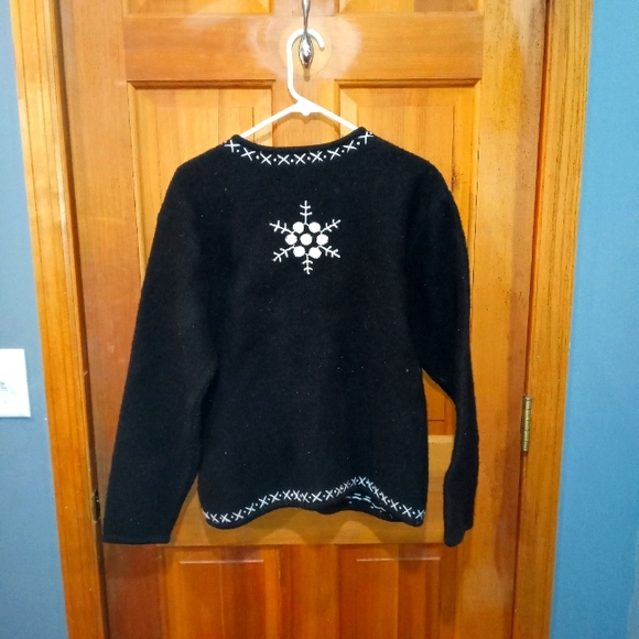 Eminent by Lisa 100% boiled wool black white snowflake zip up sweater size L - Picture 2 of 4